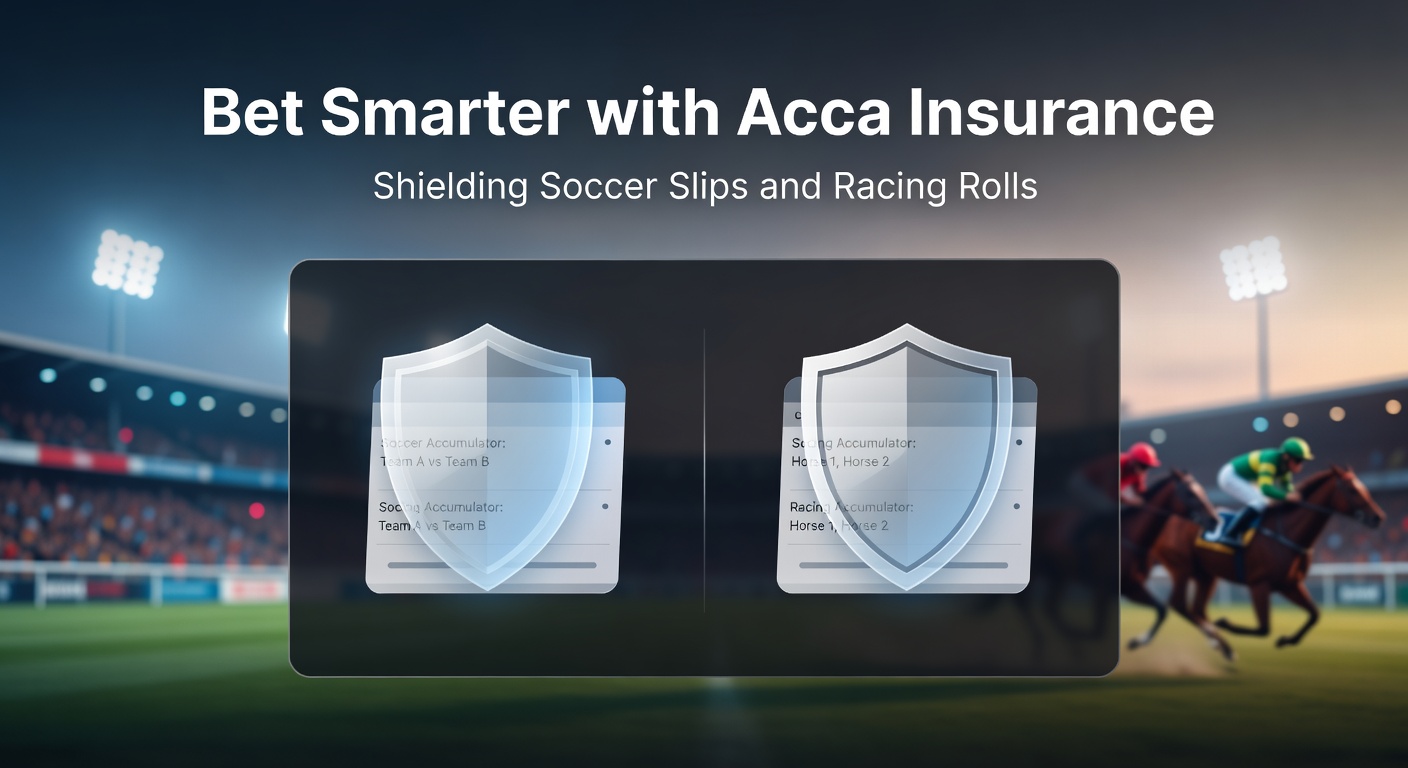 Graphic showing a soccer accumulator bet protected by an insurance shield against a losing leg, with horse racing elements in the background