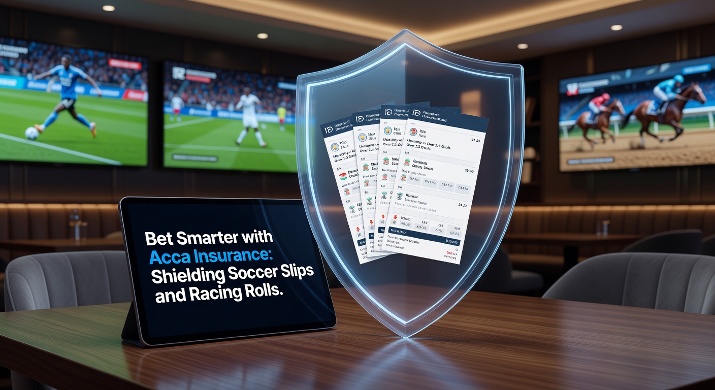 Illustration of a horse racing accumulator with one fallen jockey protected by an insurance umbrella, alongside soccer goalposts