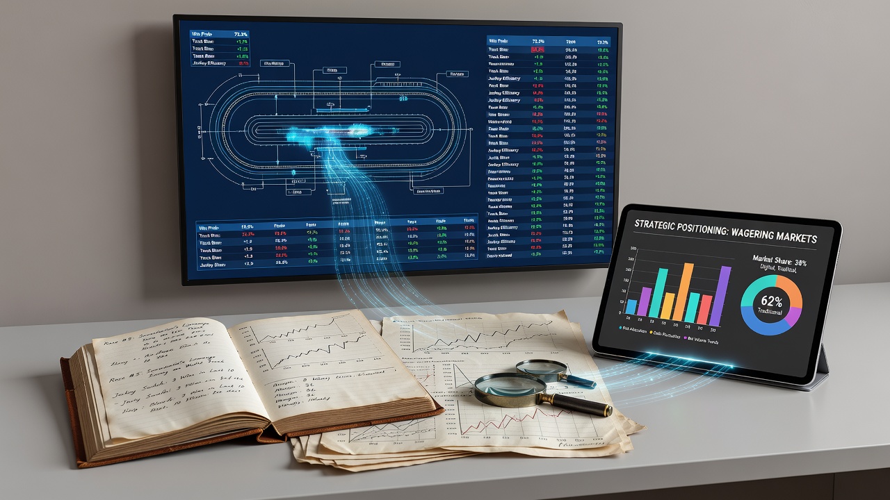 Analyst reviewing combined digital metrics and form guides on multiple screens