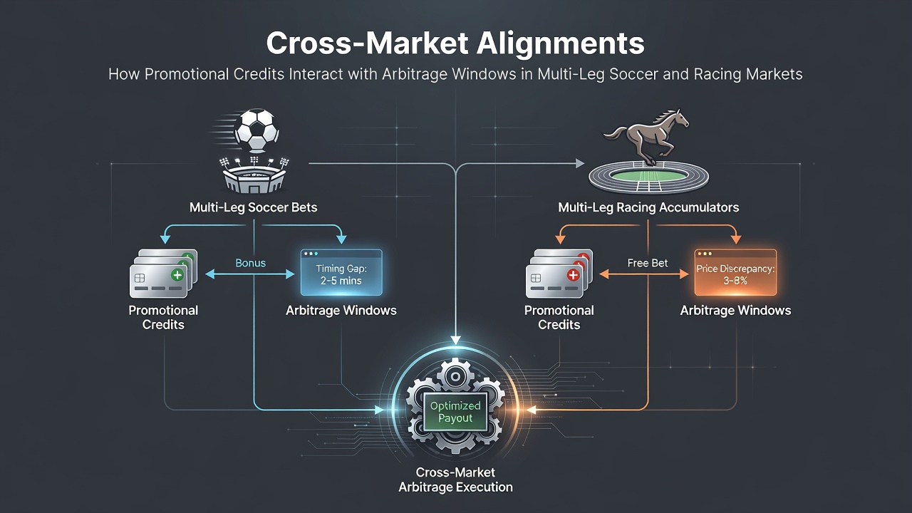 Illustration of promotional credits overlapping with arbitrage timing windows in multi-leg soccer and horse racing betting markets