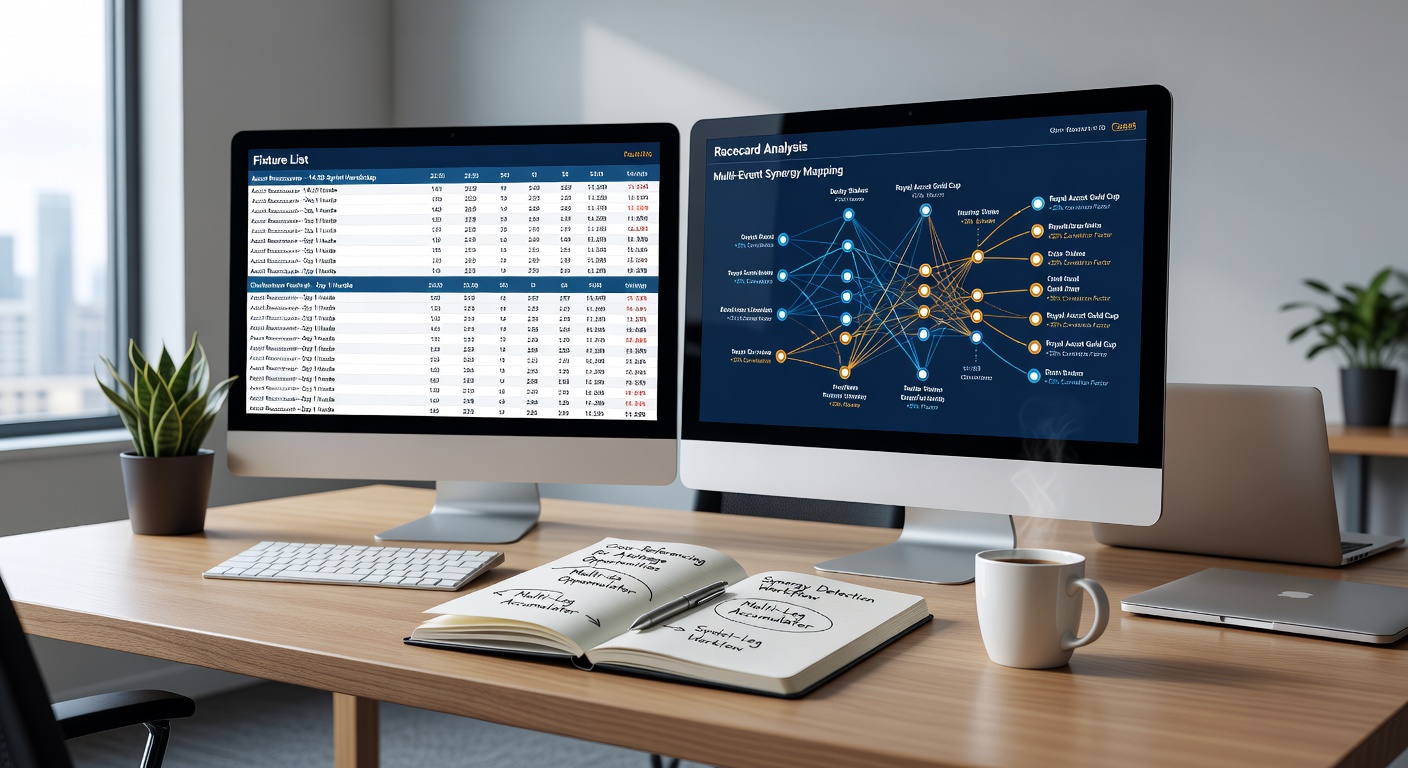 A detailed view of a soccer fixture list alongside a horse racing racecard showing overlapping event times and data points