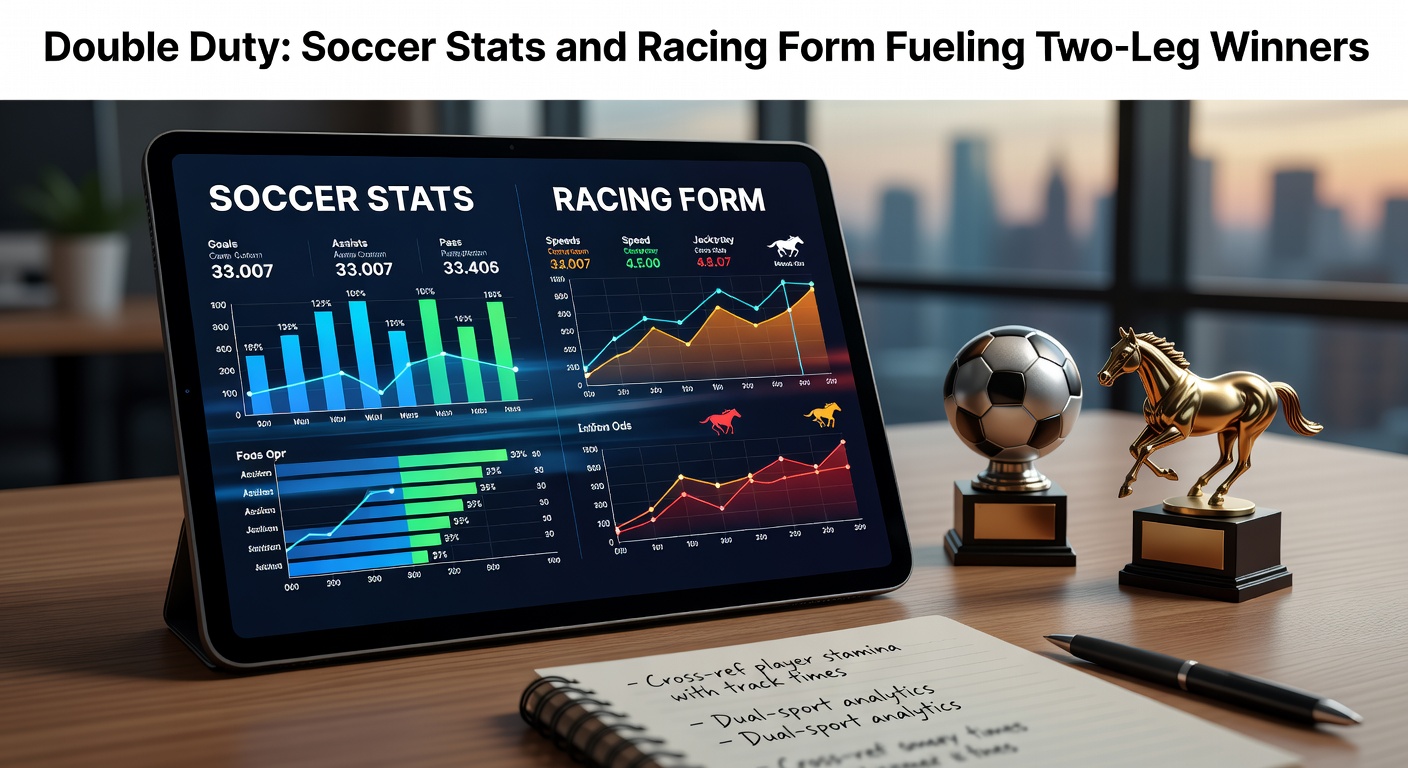Dynamic split image showing a soccer match in action alongside a horse racing sprint, highlighting stats overlays and form charts