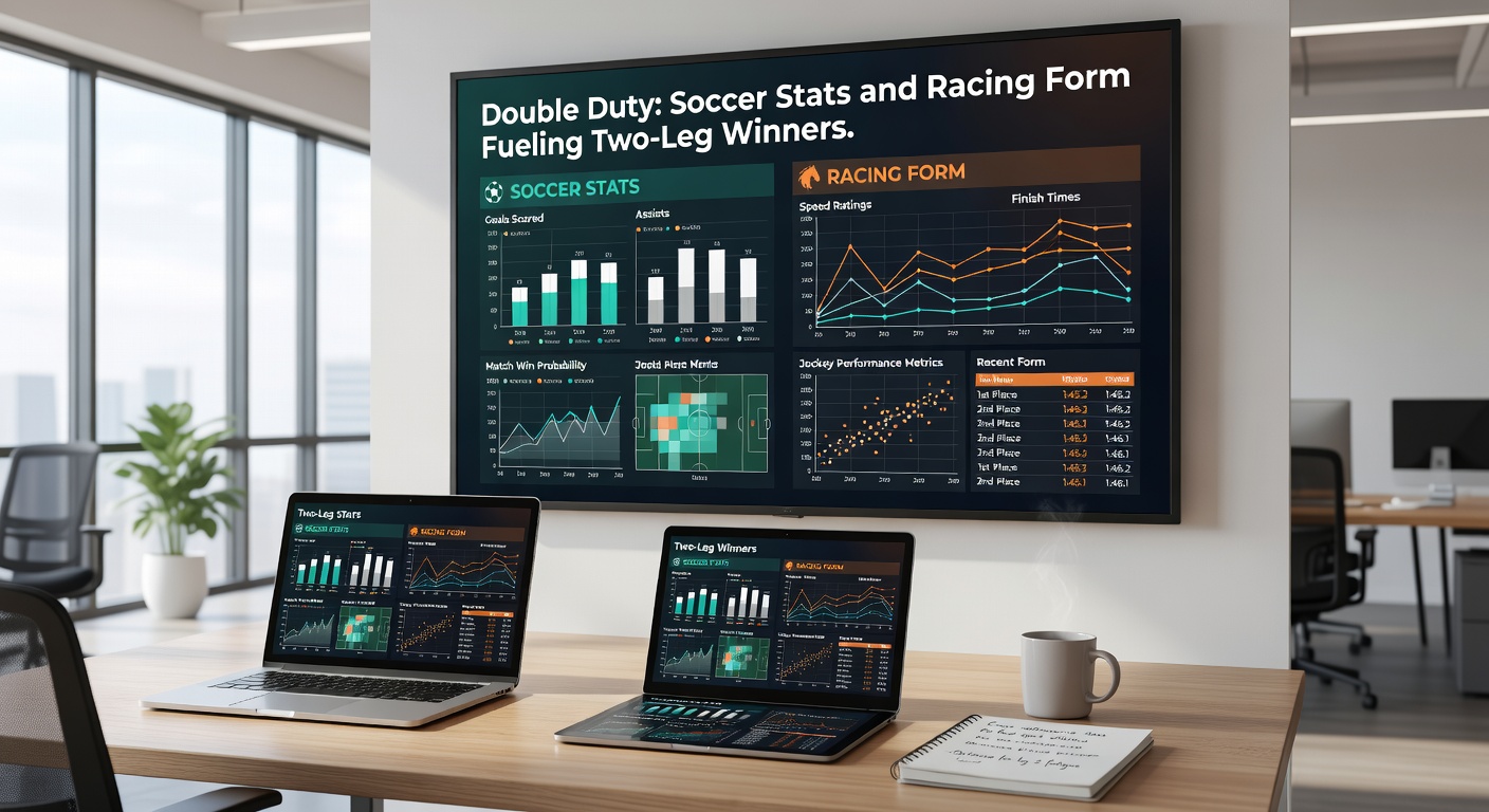 Close-up charts comparing soccer xG models with horse racing form lines, overlaid on a betting slip graphic