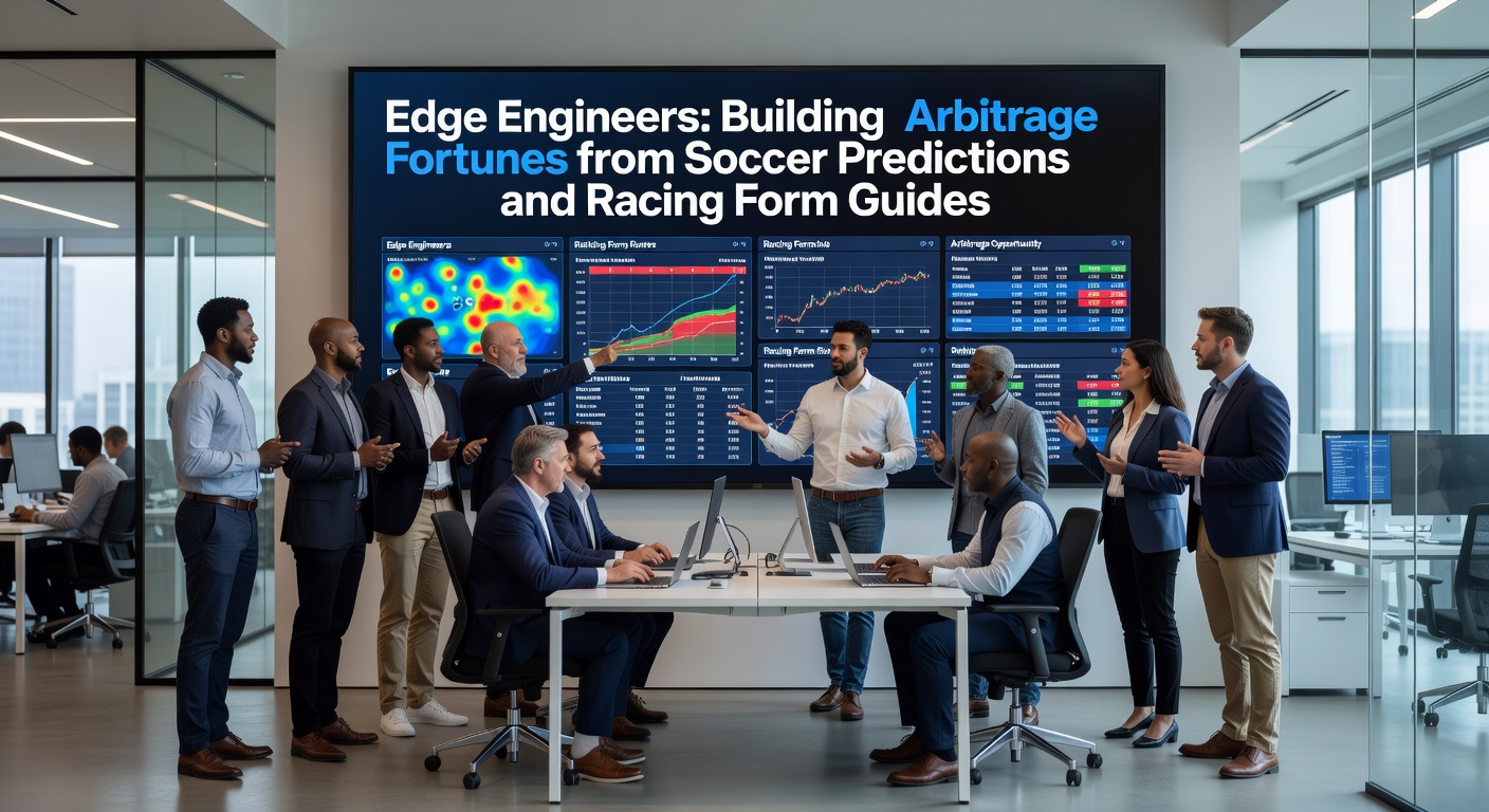Close-up of a trader's multi-monitor setup showing real-time soccer prediction overlays on racing form charts, with green arbitrage alerts flashing across screens