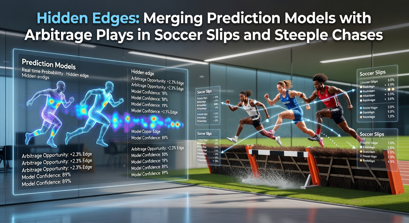 Digital dashboard displaying overlapping soccer match predictions and arbitrage opportunities on steeplechase races, with graphs showing profit margins and odds comparisons