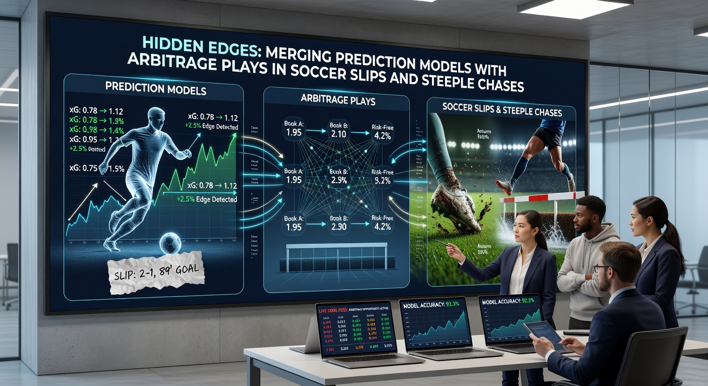 Close-up of a betting slip combining soccer accumulator legs with steeplechase arbitrage overlays, highlighted with green profit zones and model probability charts