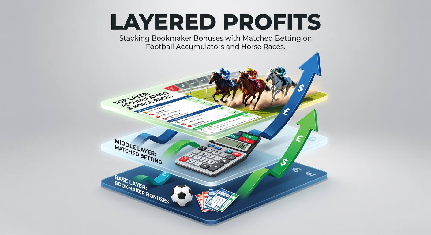 Visual breakdown of matched betting layers applied to football accumulator slips and horse racing cards, showing bonus stacking mechanics