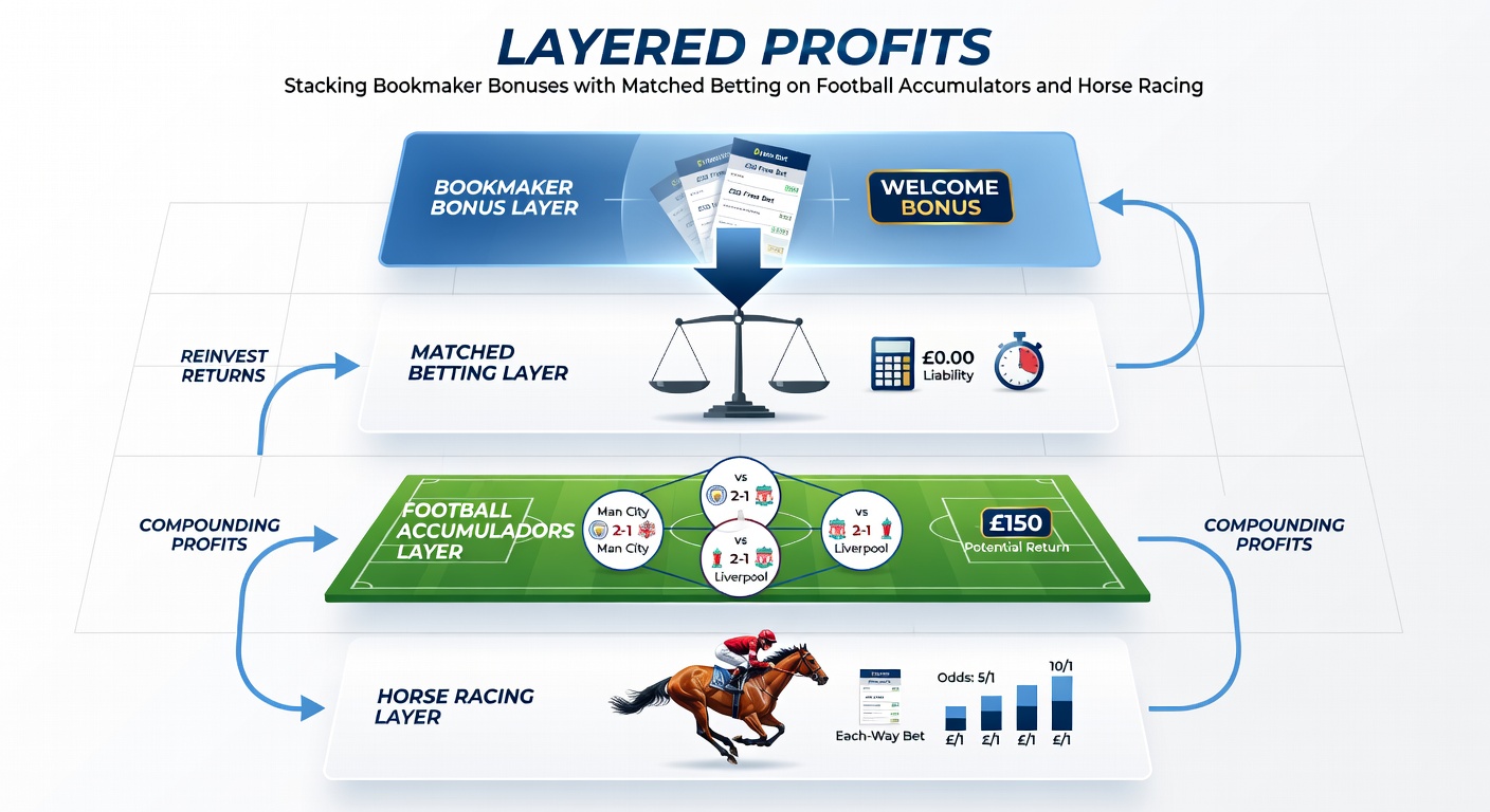 Dynamic graphic of horse racing accumulator bets layered with matched free bet conversions, highlighting profit extraction across multiple bookmakers
