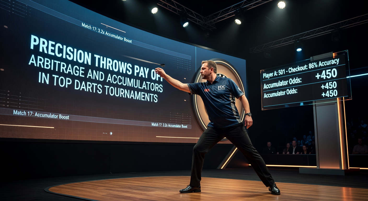 Close-up of a darts accumulator bet slip on a screen, highlighting multi-match selections with odds stacked high amid tournament highlights