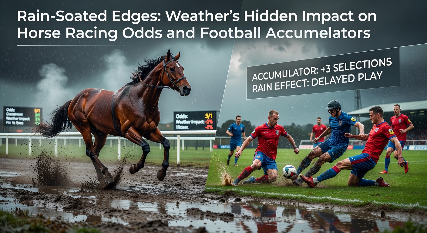 Rain pouring down on a muddy horse racing track with jockeys pushing through the slop