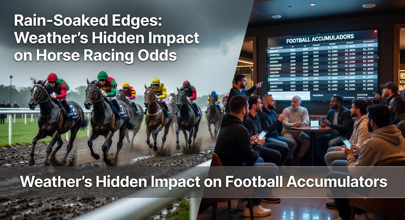 Soccer players slipping on a rain-drenched pitch during a tense match, ball hydroplaning across puddles