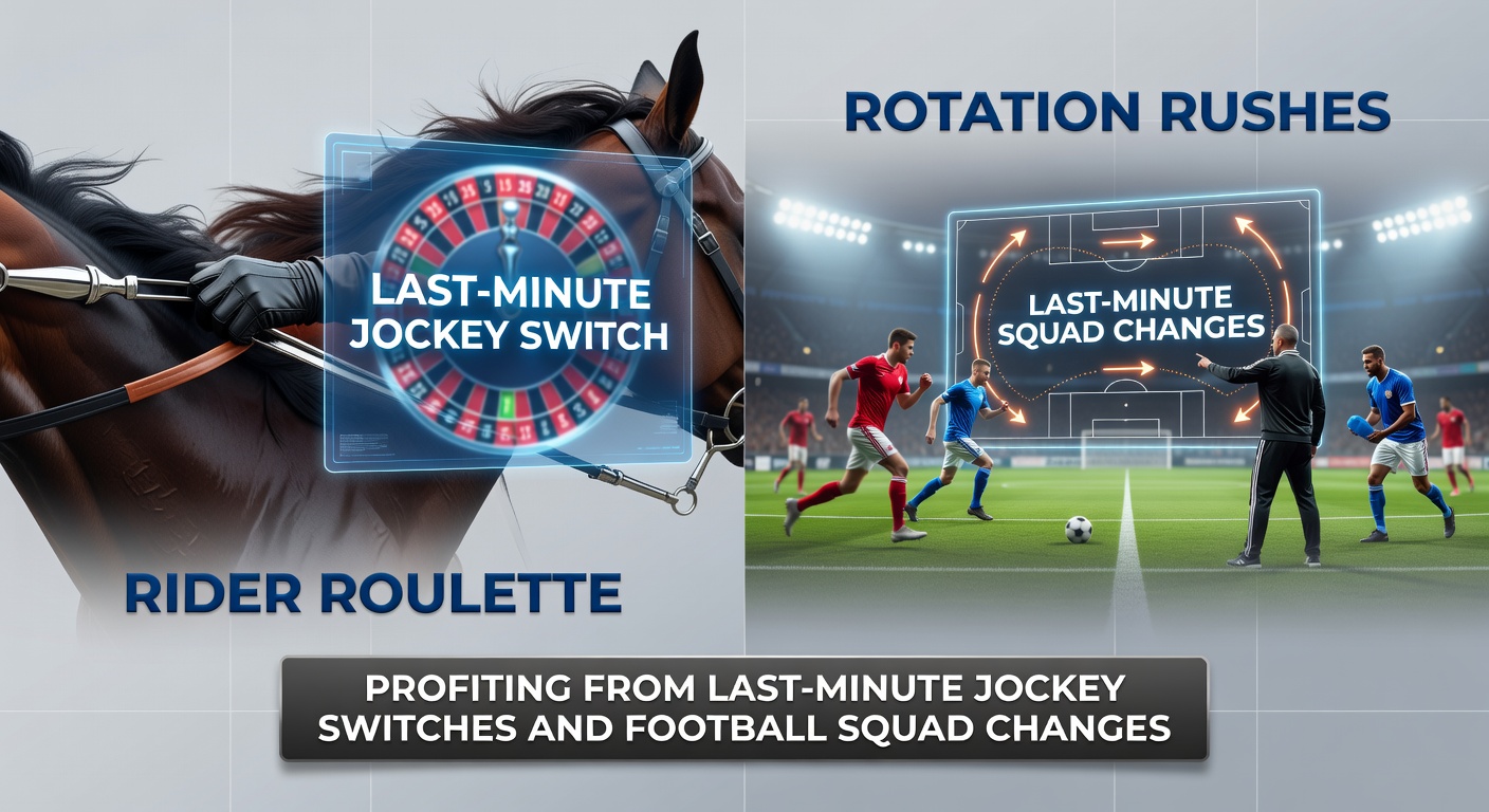 Horse racing jockey switching mounts moments before the race start, with football manager clipboard in foreground highlighting squad rotation tactics
