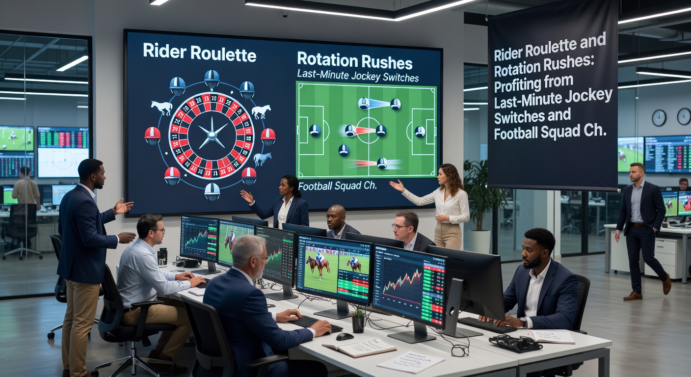 Football manager announcing squad changes on touchscreen, paralleled by jockey donning silks for a late switch in a bustling paddock