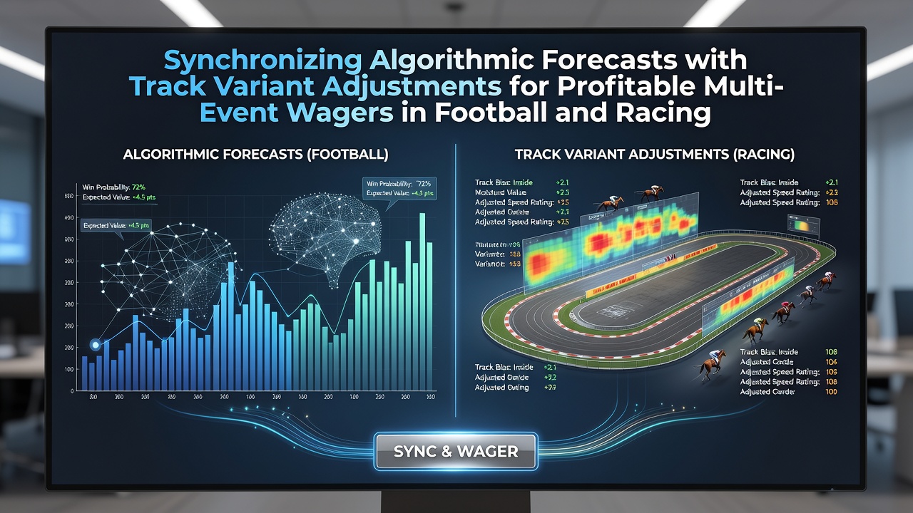 Algorithmic dashboard displaying synchronized forecasts for football matches and horse racing events with track condition overlays