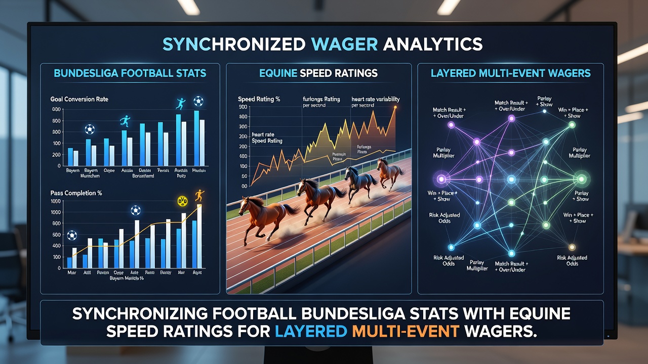 Football pitch overlay showing possession heatmaps synced with equine speed rating charts for multi-event betting layers