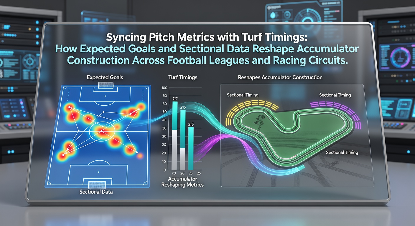 Data visualization showing expected goals overlays on a football pitch alongside sectional timing charts from a horse racing track