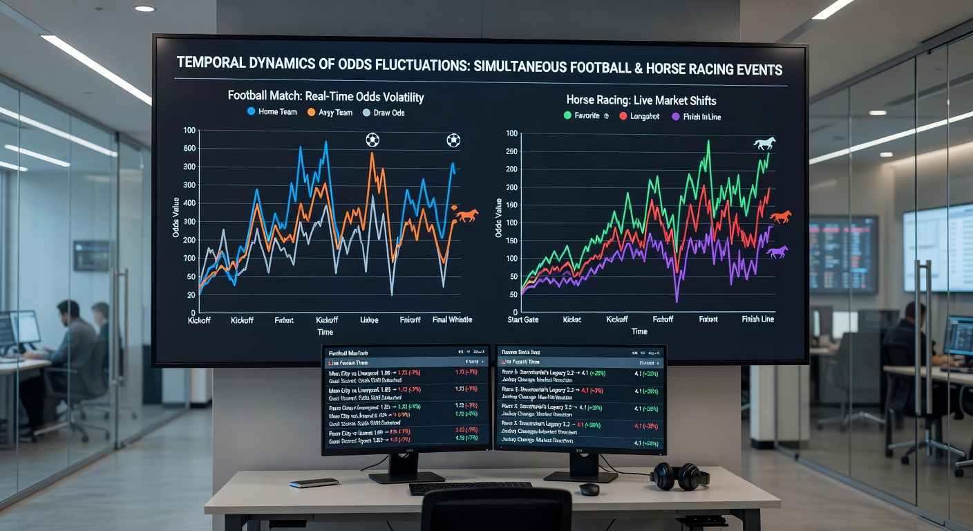 Illustration of overlapping timelines for soccer fixtures and thoroughbred races showing odds volatility peaks