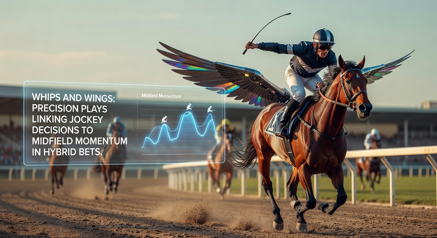 A jockey urging his mount forward with a whip during a tense horse race stretch, capturing the raw intensity of split-second decisions